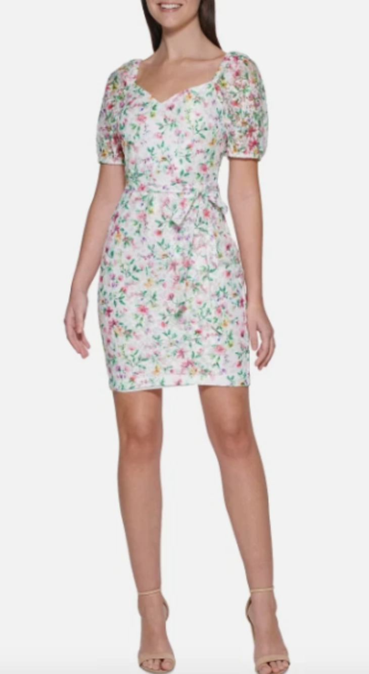 GUESS Women’s Floral Printed Lace Puff-Sleeve Mini Sheath Dress White Multi 10